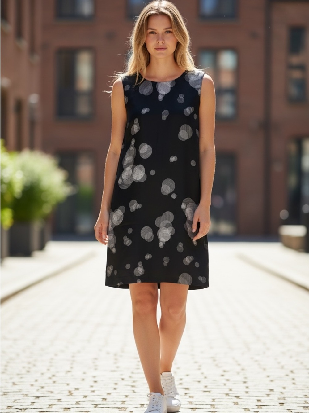 Sleeveless Black Midi Dress with Silver Bubble Print